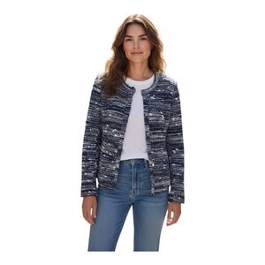 Grey State X Anthropologie Bouclé Coastal Jacket Navy Cream Size 2 - NEW w Flaw